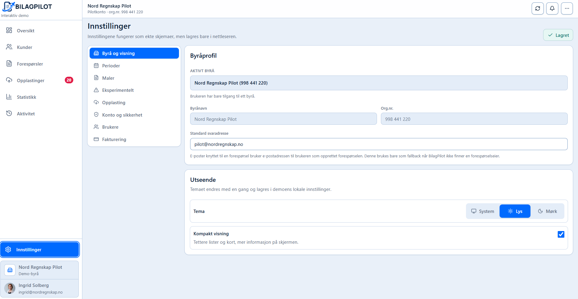 BilagPilot innstillinger for byråprofil og utseende.